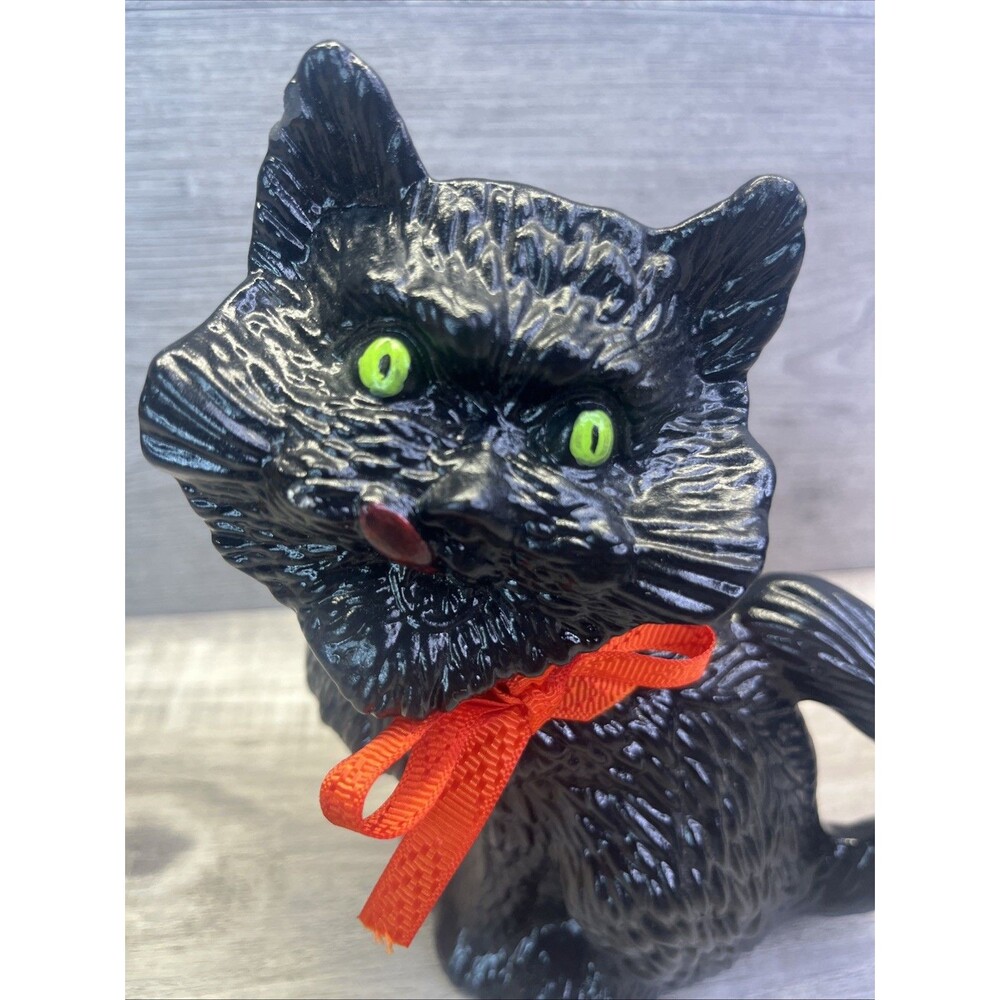 Kitsch Textured Ceramic Black Cat Scary Halloween Green Eyes Vintage - Picture 2 of 6